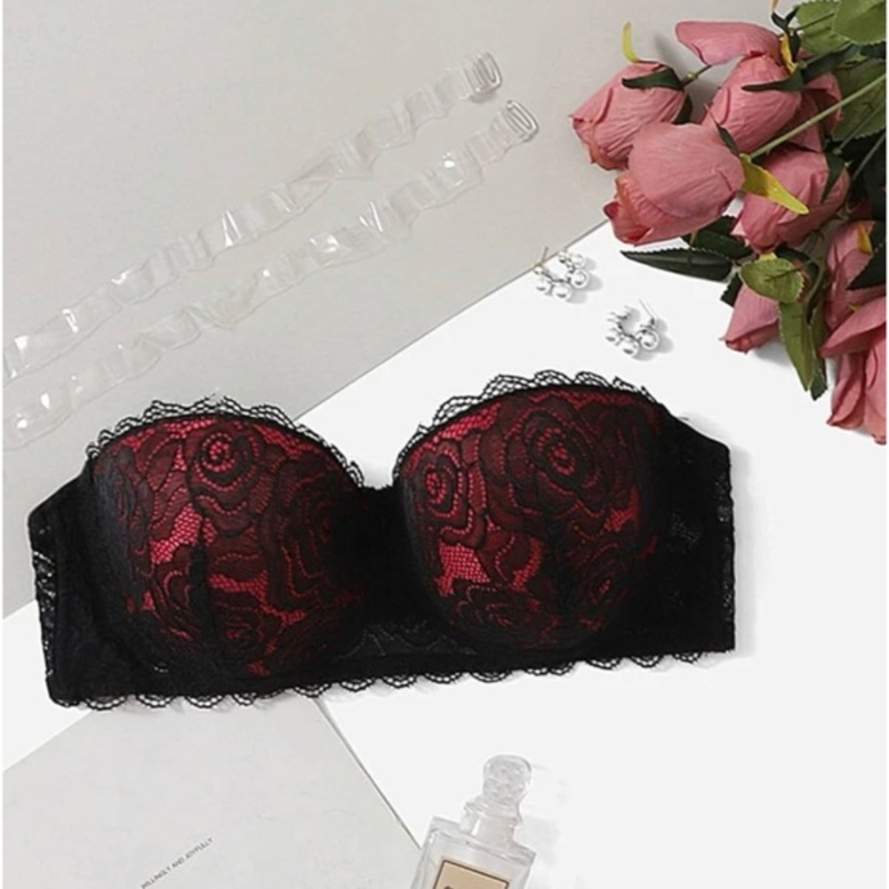 Strapless Floral Lace Tube Underwire Bra With Detachable Strap convertib…